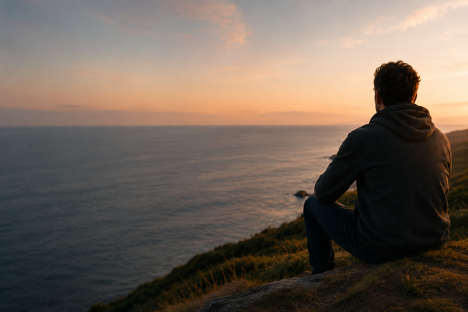 Person overlooking a mountain lake at sunrise.