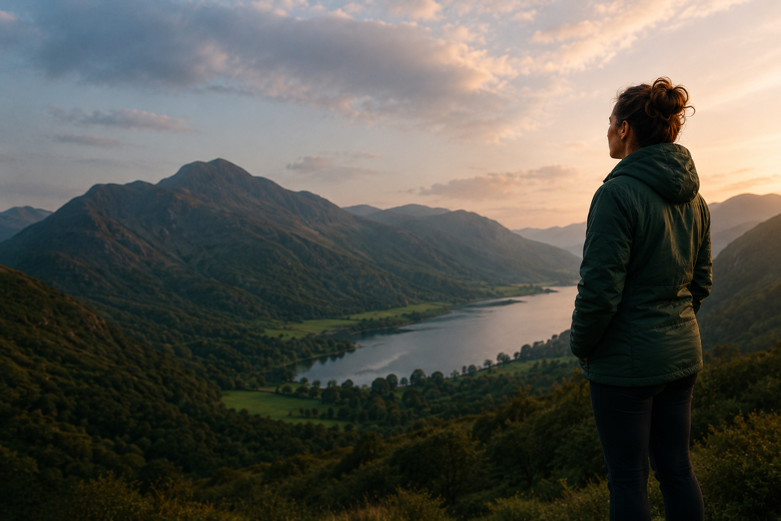 Person overlooking a peaceful lake and mountains at sunrise, representing hope and recovery from gambling harm.